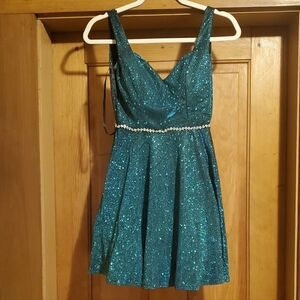 Sleeveless Teal Glitter Fit-and-Flare Dress with Beaded Waist